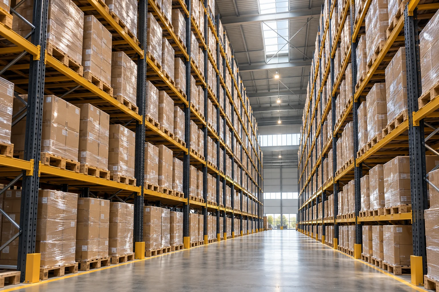 High-bay pallet racking with fully loaded pallets